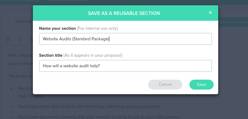 Save as reusable section modal